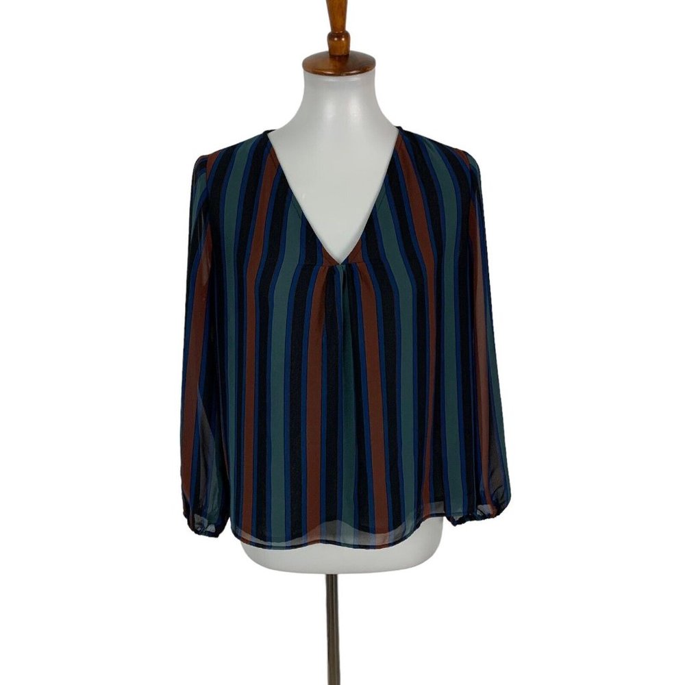 Madewell Navy, Teal & Rust Striped V-Neck Blouse